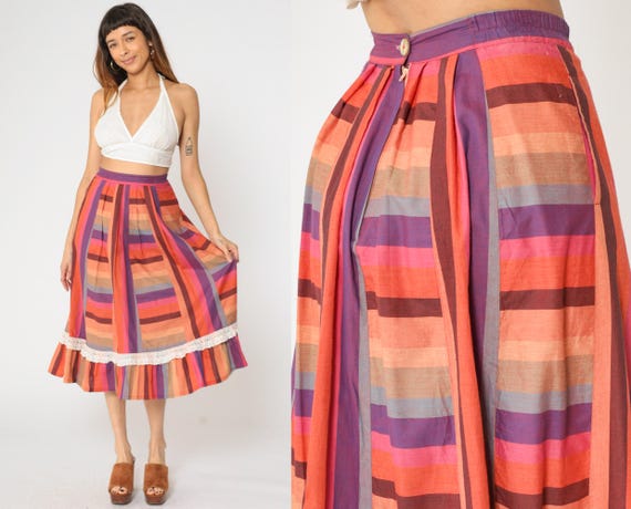 80s Striped Prairie Skirt Flounce Midi Skirt Pink Purple Orange Lace Trim Cottagecore High Waisted Cotton Vintage 1980s Small