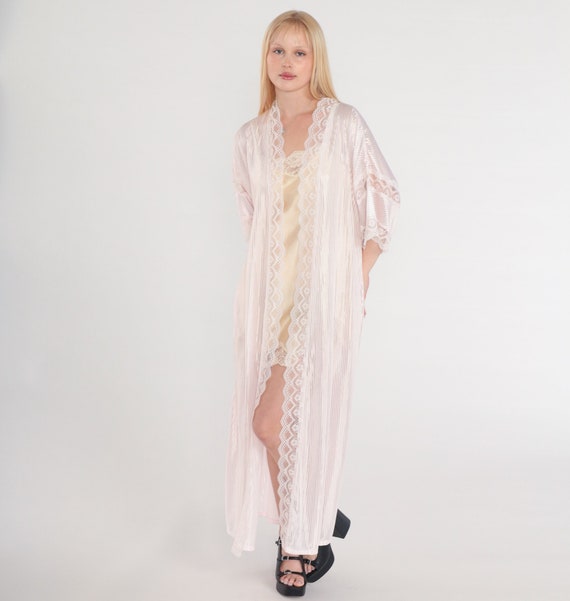 Pink Lace Robe 80s Semi-Sheer Lingerie Robe Long Bed Jacket Open Front Peignoir Boudoir Fredricks Hollywood Vintage 1980s Small Medium Large