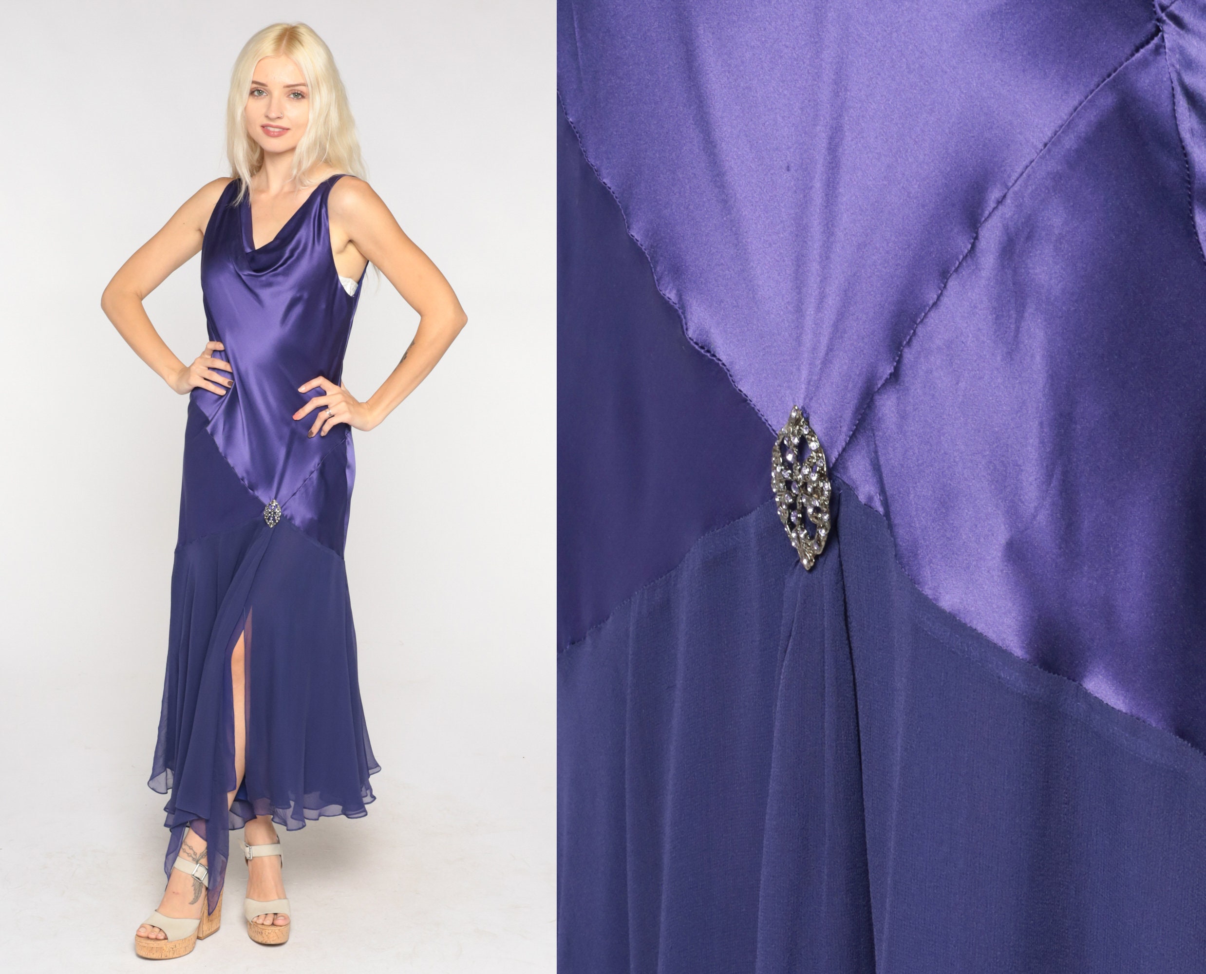 Purple Silk Gown Y2k Maxi Party Dress Sleeveless Cowl Neck Low Back Rhinestone Chiffon Retro Long Formal Glam Cocktail Vintage 00s Medium 8 