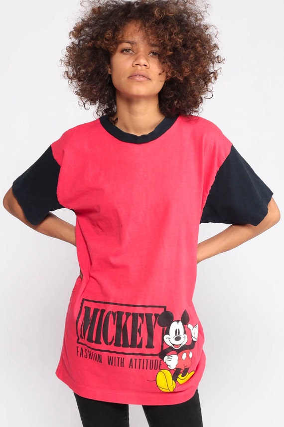 Mickey Mouse Shirt FASHION WITH ATTITUDE Walt Disney T Shirt 90s Graphic Cartoon T Shirt Vintage Retro Tee 1990s Red Medium
