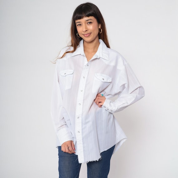 80s Rustler Western Shirt X-Long Tails White Striped Pearl Snap Vintage Rodeo Long Sleeve Button Up Semi-Sheer Cowboy 1980s Men's 18 34/35