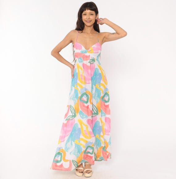 Abstract Brushstroke Maxi Dress Show Me Your Mumu Spaghetti Strap Twist Front Smocked Back Cotton Colorful Pink Blue Sundress Small S