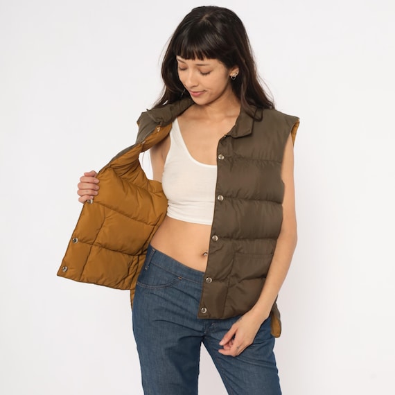 80s Reversible Puffer Vest Brown Mustard Gold Quilted Down Jacket Outdoor Gorpcore Layering Waistcoat Earth Tone Hiking Camping Medium M