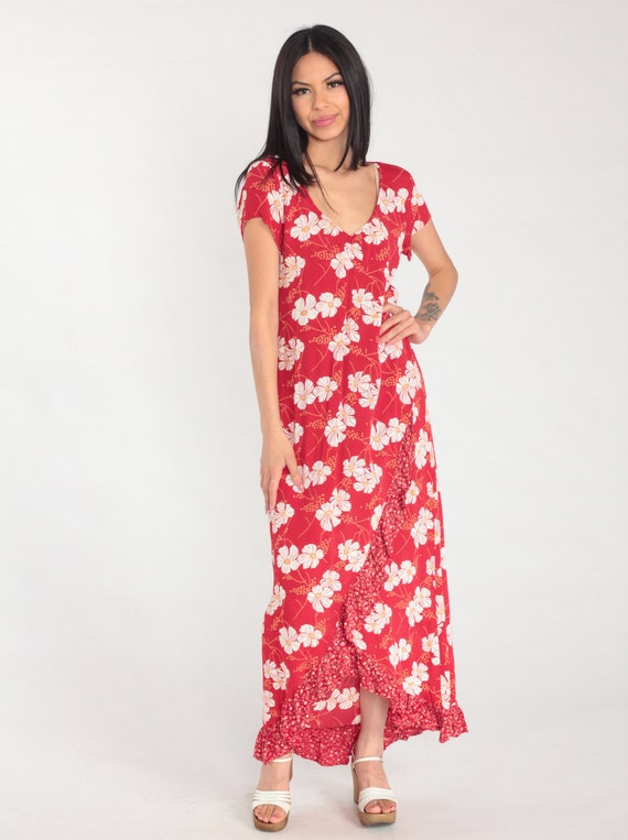 Red Floral Dress 90s Maxi Dress Ruffled Day Dress Summer Casual Short Sleeve Front Slit White Poppy Flower Print Vintage 1990s Small Medium