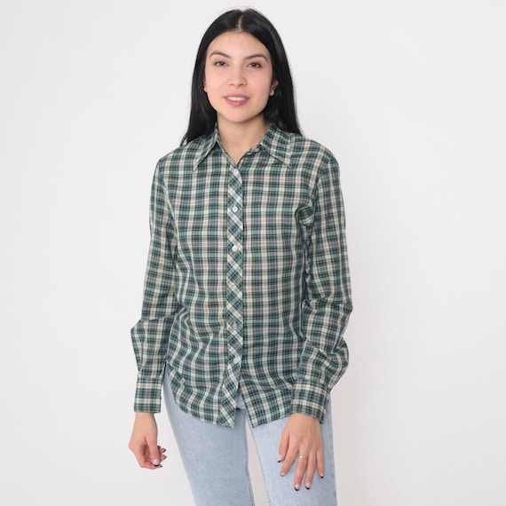 80s Plaid Shirt Button up Blouse Long Sleeve Top Retro Blue Green White Checkered Print Collared Preppy Casual Check Vintage 1980s Small S