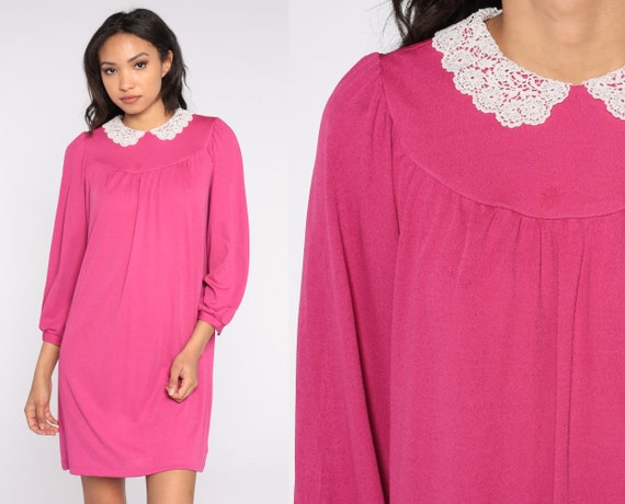 Pink Mini Dress 80s Lace Collar Tent Dress Long S… - image 1