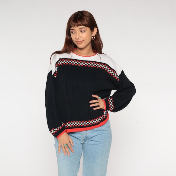 80s Racing Sweater Vintage Checkered Flag Pattern Black White Red Colorblock Pullover Retro Motorsport Track Day Motocross Pit Crew Large L