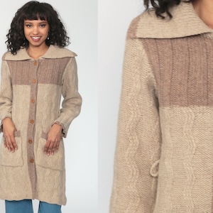 Long Sweater Jacket Taupe Wool Bohemian Cardigan 70s Boho Sweater Tan Knit Sweater Hippie Sweater Button Up Vintage 1970s Hippie Small