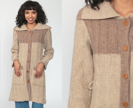 Long Sweater Jacket Taupe Wool Bohemian Cardigan 70s Boho Sweater Tan Knit Sweater Hippie Sweater Button Up Vintage 1970s Hippie Small