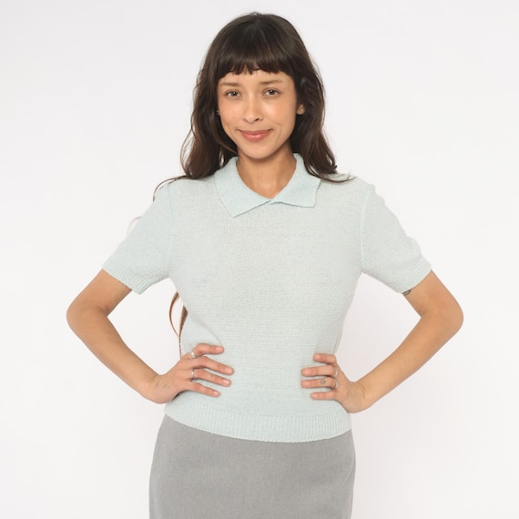 Mint Knit Polo 70s Collared Short Sleeve Pullover Top Fitted Sweater Ribbed Cuff Hem V Neck Blouse Collegiate Preppy Shirt Small S