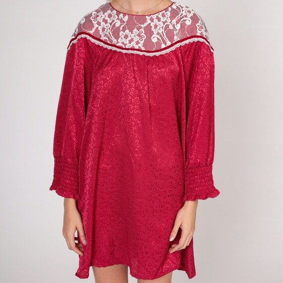 Red Mini Dress 70s Lace Bib Dress Embossed Leaf P… - image 7