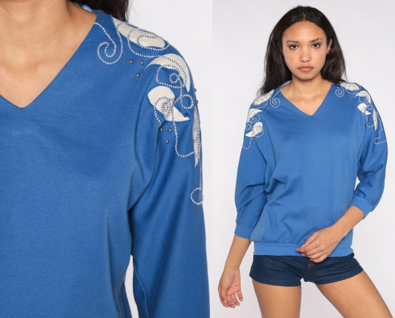 Blue Dolman Top 80s V Neck Studded Shirt Abstract Print Shirt Batwing Sleeve Slouchy Pullover Vintage 1980s Long Sleeve Medium