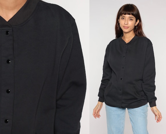 Black Sweatshirt Y2k Snap Up Jacket Plain Simple Retro Streetwear Sporty Athleisure Hipster Normcore Baseball Coat Vintage 00s Medium M