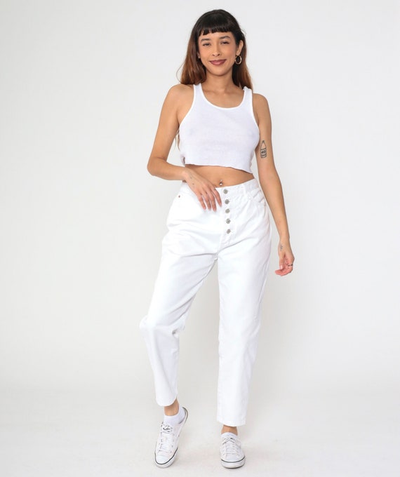 White Jeans 90s Mom Jeans Exposed Button Fly High Waisted Rise Tapered Leg Slim Fit Skinny Denim Pants Basic Vintage 1990s Cest Toi Large 32