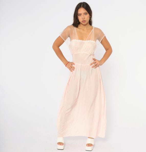 40s Pink Nightgown Sheer Tulle Cape Maxi Slip Dress Lace Trim Cap Sleeve Nightdress Coquette Balletcore Fairycore Blush White Small S