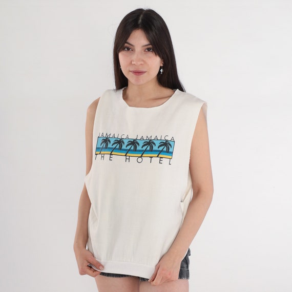 Vintage Jamaica Shirt Palm Tree Tank Top 80s 90s JAMAICA HOTEL Tropical Beach Graphic Retro Tee Print Sleeveless Sweatshirt 1980s Medium