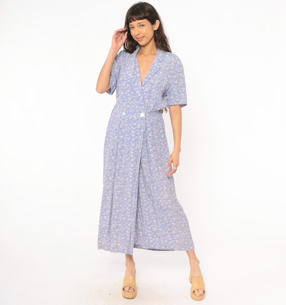 Periwinkle Floral Dress 90s Wrap Front Lavender Collared V Neck Lilac Prairie Summer Spring Pastel Easter Vintage Womens Medium To Large