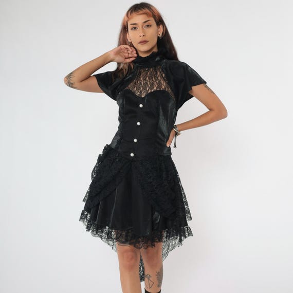 Vintage Y2K Black Lace Dress Gothic Corset Sweetheart Illusion Neckline Party Asymmetrical Hem Tiered Going Out Gothic Rave 00s Small S