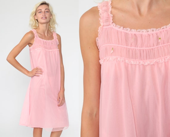 Pink Nightgown Lingerie Slip Dress 70s Babydoll M… - image 1