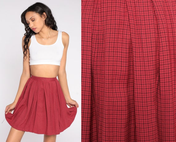 60s Pleated Mini Skirt Red Checkered School Girl Skirt High Waisted Plaid Uniform Preppy Checker Print Retro Lolita Vintage 1960s 2xs xxs