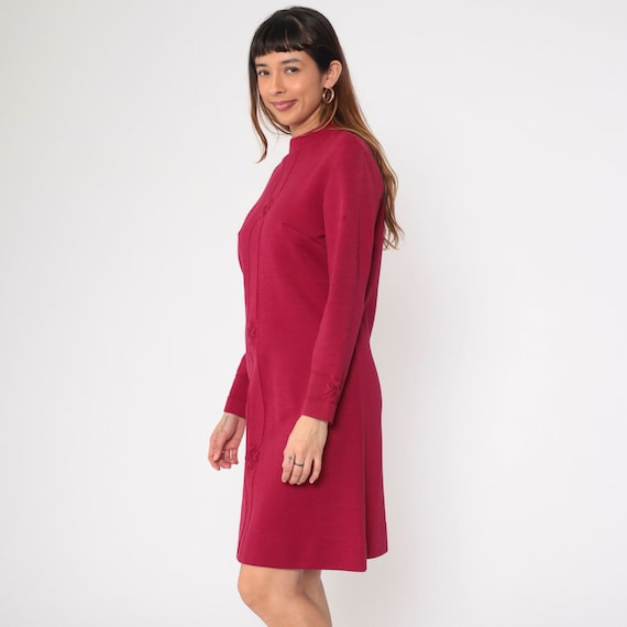 Burgundy Shift Dress 60s 70s Heart Wool Blend Mod… - image 4
