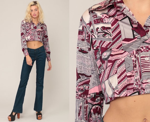 Hippie Blouse Novelty Print Shirt 70s Boho Crop Top HOUSE PRINT Button Up Bohemian 1970s Vintage Boho Burgundy Grey Long Sleeve Small Medium