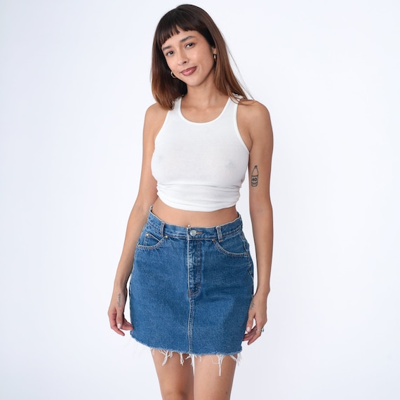 90s Jean Skirt Brittania Cutoff Denim Mini Skirt Retro Blue Pencil Frayed Cut Off High Waisted Rise Miniskirt Boho Vintage 1990s Medium 13