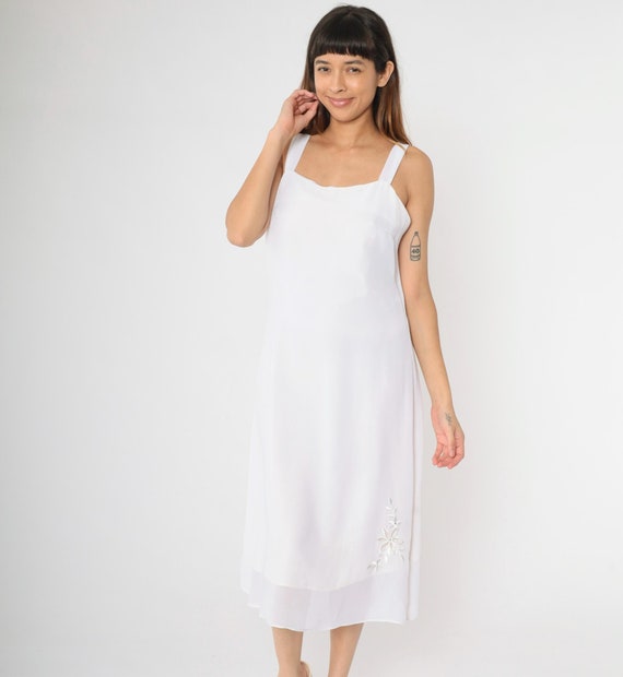 Vintage White Chiffon Dress 90s Floral Embroidered Cutwork Rhinestone Midi Sleeveless Formal Party Retro Cut Out 1990s Medium M