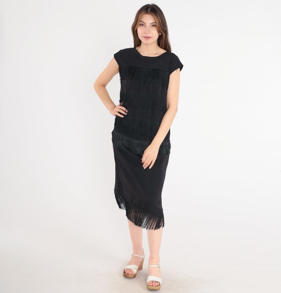 Black Fringe Dress 60s Flapper Shift Dress Party Tiered Cocktail Tassel Cap  Sleeve Evening Midi 1960s Vintage Little Black Dress LBD Medium - Etsy