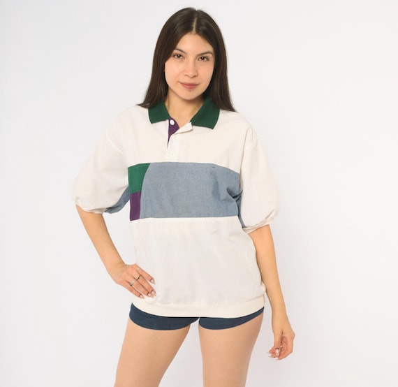 80s Pierre Cardin Color Block Polo Rugby Shirt White Cotton Chambray Green Purple Short Sleeve Preppy Collegiate Boxy Top Vintage Small S