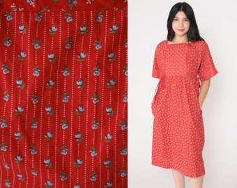 Red Floral Dress 70s Day Dress Calico Flower Print Midi Short Sleeve Empire Waist Boho Prairie Vintage 1970s Lanz original Extra Small xs