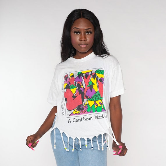 Caribbean Market Shirt 90s St. Martin T-Shirt Beaded Fringe Tropical Island Village Graphic Tee Tourist Top White Vintage 1990s Medium Large