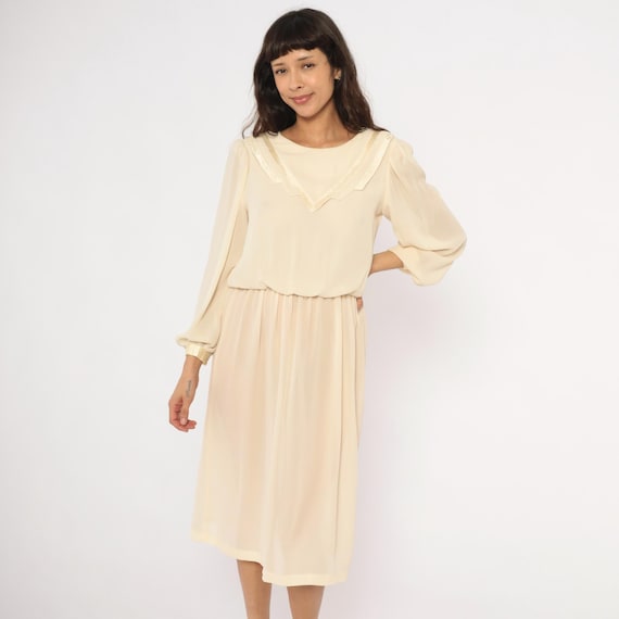 80s Cream Chiffon Dress Satin V Trim Blouson Bodice Bishop Sleeve Ivory Feminine Blush Frock Back Button Sheer Puff Arm Vintage Small S
