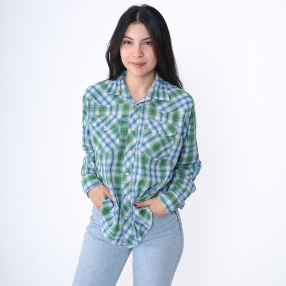 Wrangler Western Shirt Y2K Blue Green Plaid Pearl… - image 3