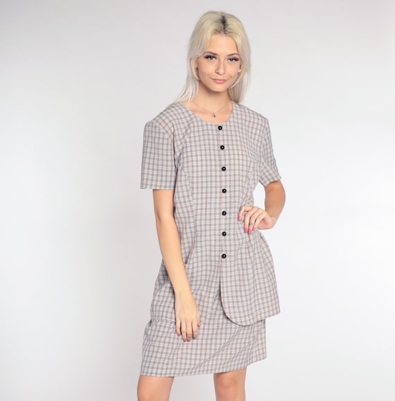 Plaid Mini Dress 90s Checkered Print White Tan Plaid Dress Button Up Dress 1990s Short Sleeve Vintage Shift Minidress Preppy Large 12 L