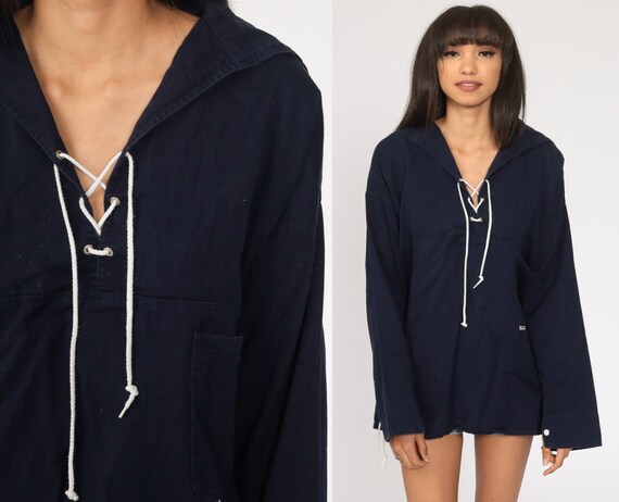 Sailor Collar Shirt Navy Blue Top Nautical Blouse