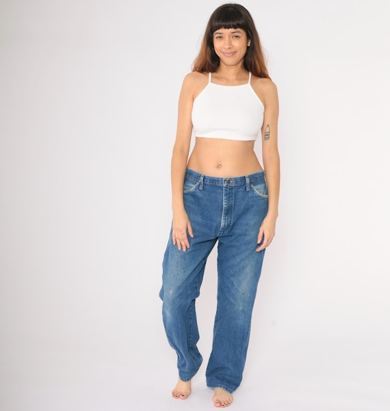 Vintage Distressed Wrangler Jeans 90s Straight Leg Jeans Western 1990s High Rise Waist Denim Pants Blue Men's 36 x 34