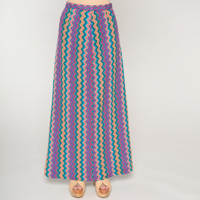 70s Maxi Skirt Colorful Zig Zag Striped Hippie Skirt Psychedelic Print High Waisted Bohemian Retro Vintage Pink Blue Purple 1970s Large L image 6