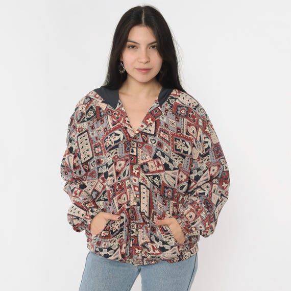 Vintage 90s Hooded Patchwork Jacket Hearts Floral Button Up Windbreaker Rust Red Pink Long Sleeve 1990s Lightweight Boho Large L