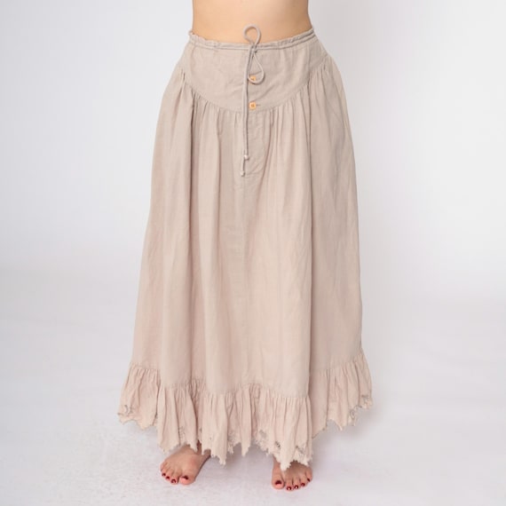 Vintage 90s Peasant Skirt Outback Red Beige Maxi Skirt Western Cutwork Hem Ramie Cotton Blend Button Up Yoke Boho 1990s Medium