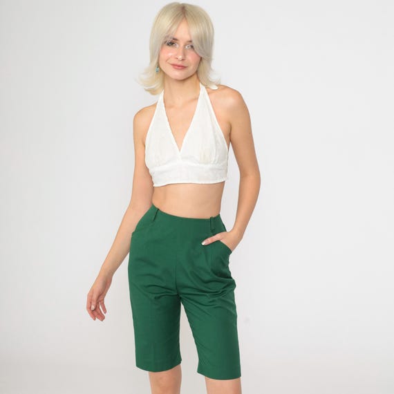 Vintage High Waisted Shorts 60s 70s Bermuda Trouser Shorts Green Shorts Mod Retro 1960s 1970s Retro Walking Shorts Extra Small xs