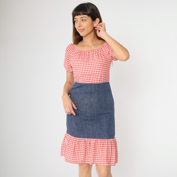 Vintage Gingham Peasant Dress 70s Boho Mini Hippie Cottagecore Puff Sleeve Folk Country 1970s Bohemian Red Checkered Festival 2xs/xs