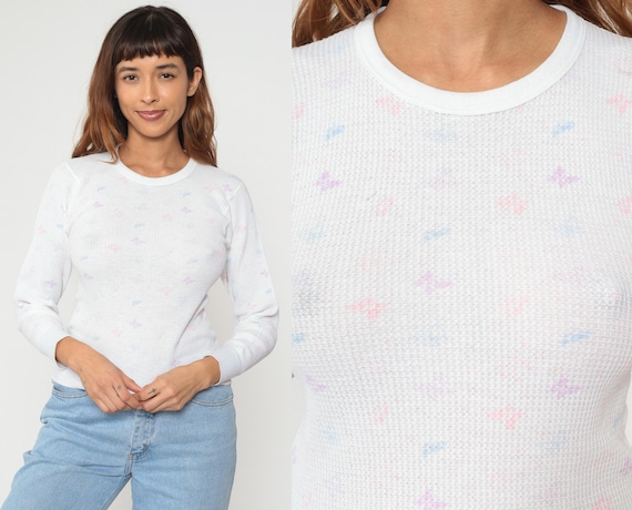 Butterfly Print Thermal Shirt 80s White Waffle Knit Long Sleeve T-Shirt Underwear Tee Undershirt Top Pink Blue Purple Vintage Medium M