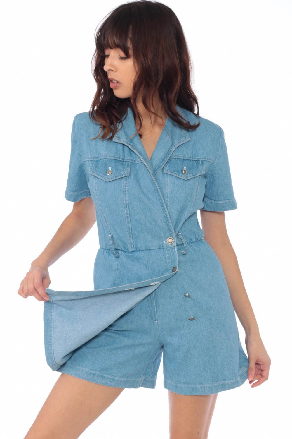 90s Denim Dress SKORT 80s Mini Jean Grunge Romper Dress Vintage 1990s Button Up High Waisted 