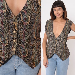 Paisley Tapestry Vest 90s Metallic Sparkly Floral Vest Boho Grunge V Neck Vest Sleeveless 1990s Hippie Bohemian Vintage Vest Large L image 1