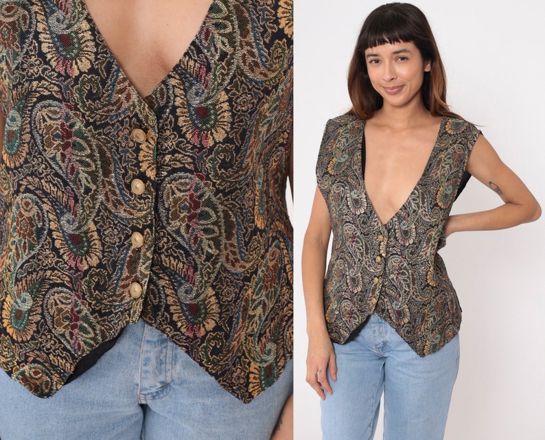 Paisley Tapestry Vest 90s Metallic Sparkly Floral Vest Boho Grunge V Neck Vest Sleeveless 1990s Hippie Bohemian Vintage Vest Large L image 1