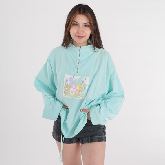 90s Windbreaker Under The Sea Quarter Zip Jacket Aqua Seahorse Starfish Print Pullover Warmup Retro Streetwear Vintage 1990s Small Medium