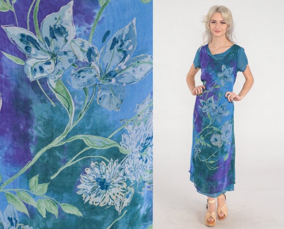 Tie Dye Floral Dress Y2k Midi Dress Flower Print Hippie Grunge Bohemian Summer Short Sleeve Purple Blue Green Layered Vintage 00s Small S