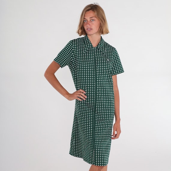 70s Mod Dress Checkered Zip Up Midi Dress Green White Dagger Collar Shift Dress Beehive Short Sleeve Knee Length Retro Vintage 1970s Large L