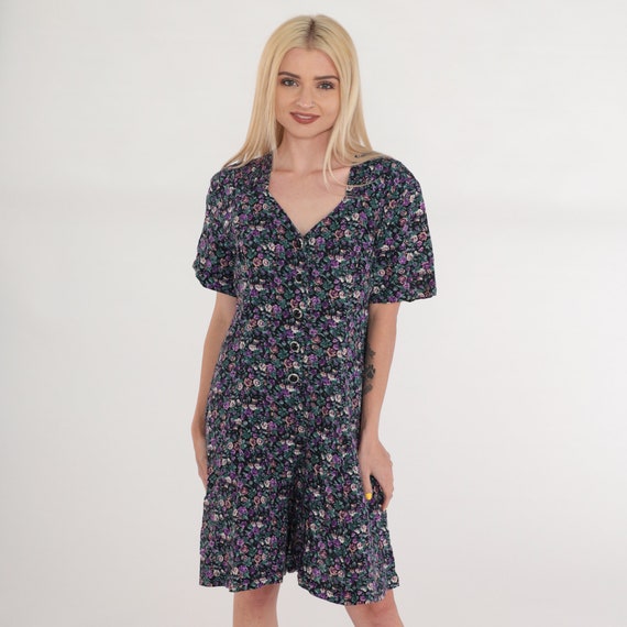 Floral Romper 90s Button up Playsuit Wide Leg Shorts Flower Print Short Sleeve Summer Mini Dress Black Purple Retro Vintage 1990s Medium M